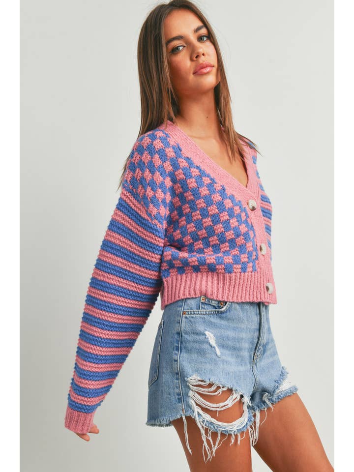 BUTTERMELON - Wholesale Cardigan - Women's - OVERSIZED BUTTON DOWN CHECKERED STRIPE CARDIGAN - BMC122416