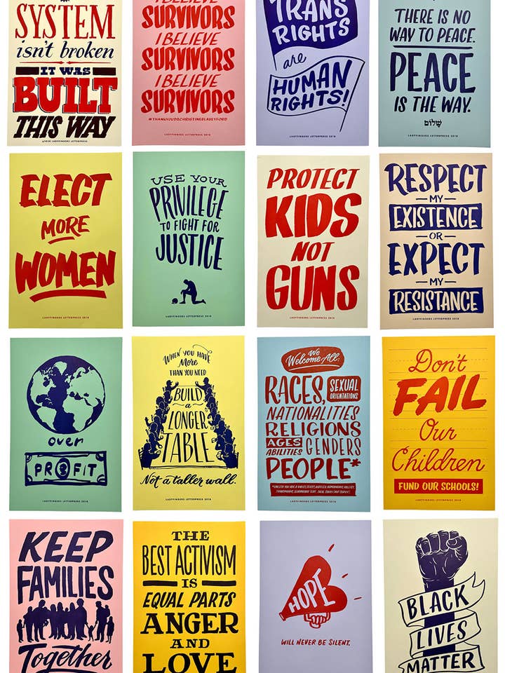 Protest Posters Part One - Set of 16 (one of each) for wholesale by Ladyfingers Letterpress
