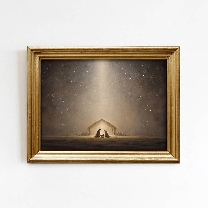 Kunstprint van een kerststal onder een sterrenhemel voor wholesale door Paper House Print Shop