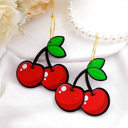 Blushing Bites: Cherry Wooden Earrings for wholesale by HappyJewelrySupplies