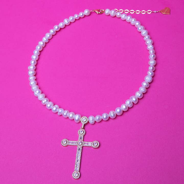 Pearl Cubic Budded Cross Necklace for wholesale by VidaKush
