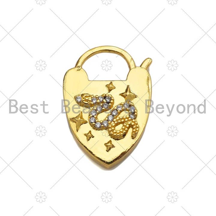 BestBeads&Beyond - Wholesale Individual charm/pendant - CZ Micro Pave Snake Padlock Heart Clasp Charms, Snake CZ On Padlock Clasp, Gold Charm Pendant, Padlock Necklace Charms, 17x27mm, Sku#K1641