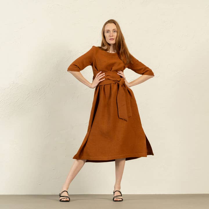 menique - Wholesale Jurk - Dames - Linnen jurk met 3/4 mouwen en obi-riem Miley – zomerjurk13