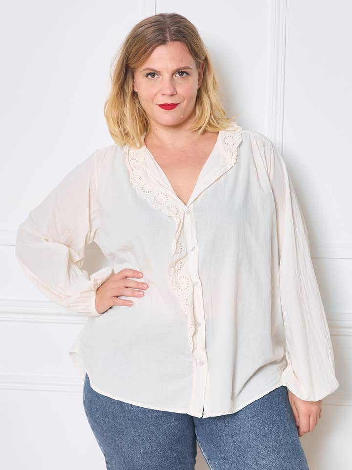 Plus Size - Scalloped Collar and Ruffle Blouse for wholesale by C'MELODIE