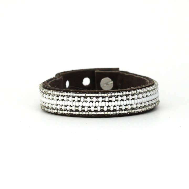 Small Silver and White Stripe Leather Cuff for wholesale by Swahili Coast