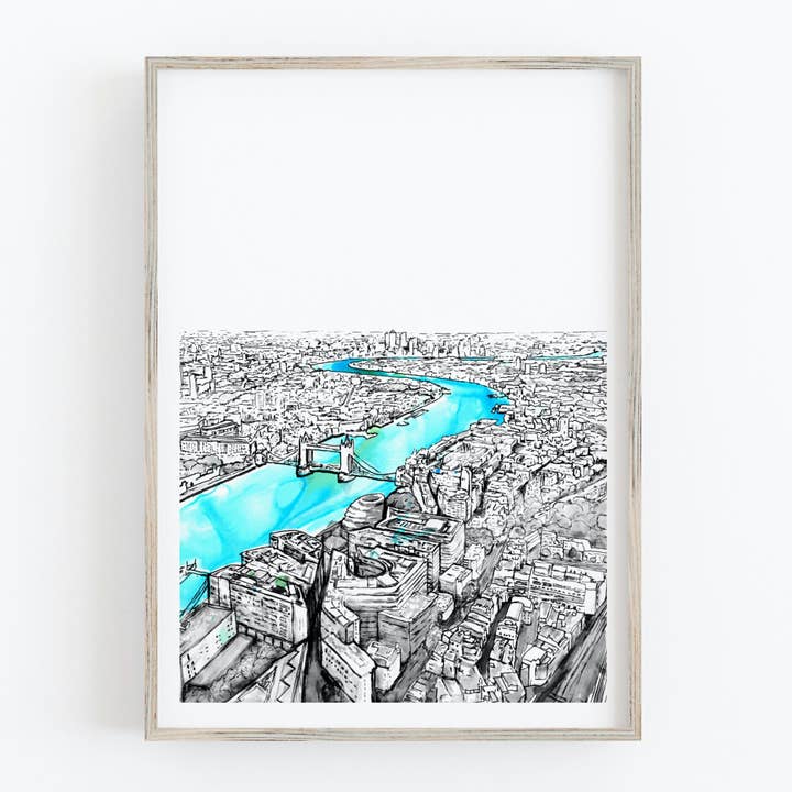 View of the River Thames London - Tower Bridge Art Print for wholesale by Drawn Together Art Collective