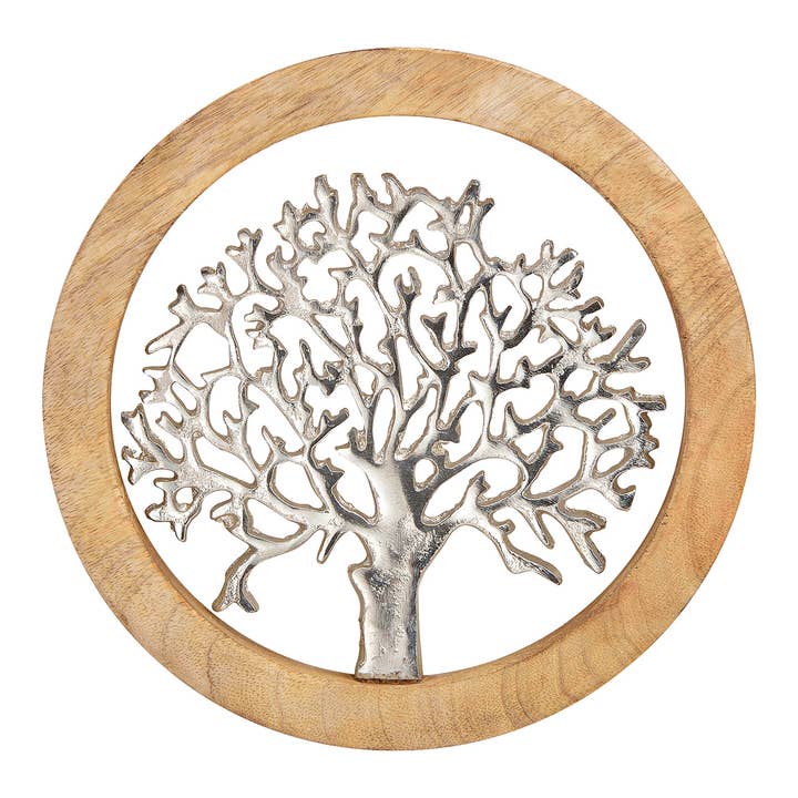 Wall hanging tree decor made of metal/mango wood, silver/brown (W/H/D) 25x25x2cm for wholesale by Wurm