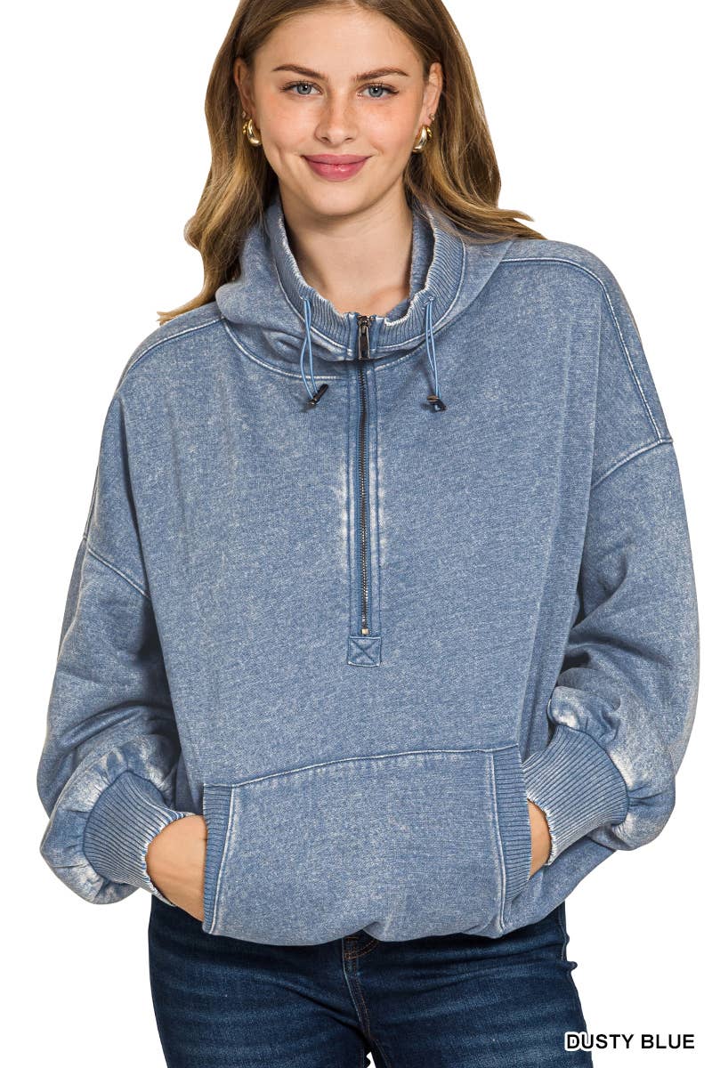 Vanilla Monkey – Hoodie – Mulher por atacado – Moletom com capuz tipo canguru, gola meia-ziper e barra com cordão lavado9