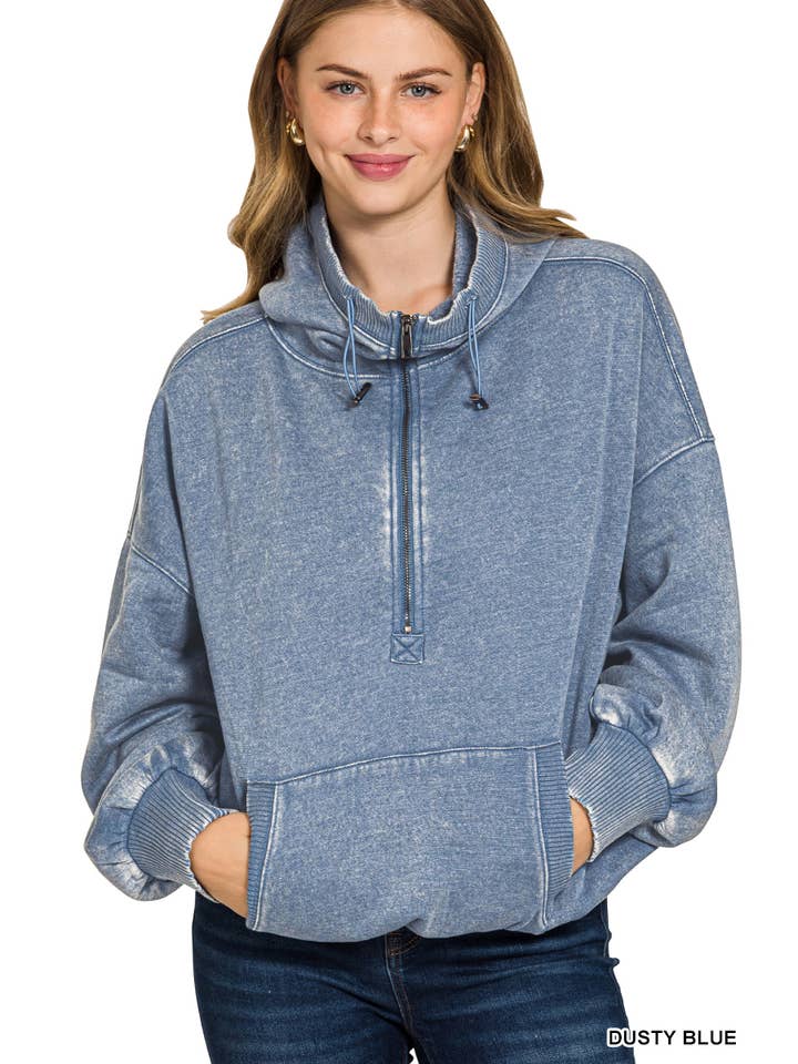 Vanilla Monkey – Hoodie – Mulher por atacado – Moletom com capuz tipo canguru, gola meia-ziper e barra com cordão lavado9