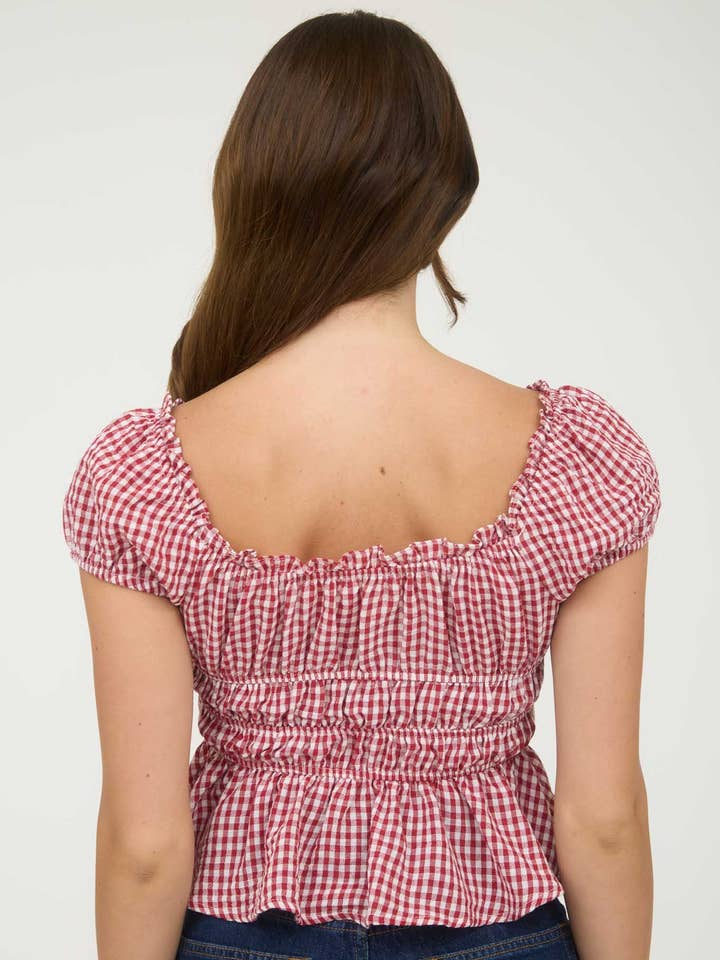 Blu Pepper - Wholesale Blouse - Women's - GINGHAM BOW DETAIL SHIRRED WAIST SHORT SLEEVE TOP