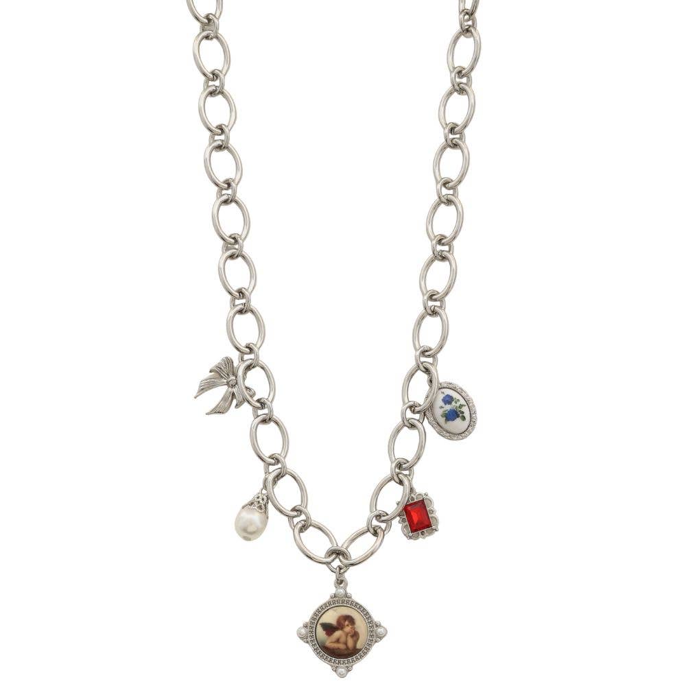 JOIA ACCESSORIES - Wholesale Pendant/Charm Necklace - ANGEL CHARM CRYSTAL PEARL BEAD OVAL LINK NECKLACE, PNB 4291