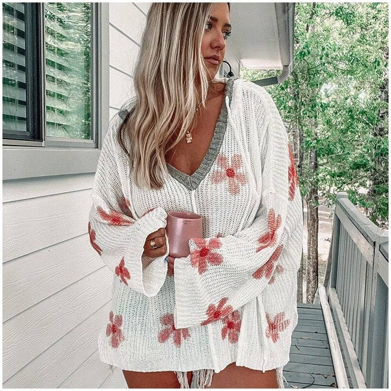WHITE Floral Print Lightweight Hooded Sweater for wholesale on Faire1
