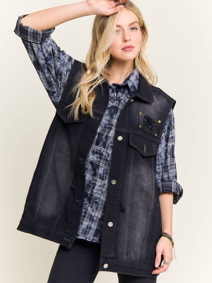 MOUWLOOS VEST VAN VERVAAGDE DENIM - CEJ4148 voor wholesale door ADORA LA