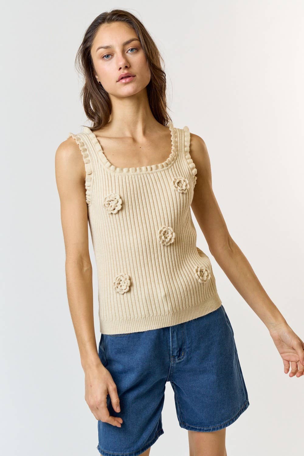 Lalavon - Wholesale Knit Top - Women's - ILT3740 3D Crochet Flower And Ruffled Hem Knit Tank Top 0