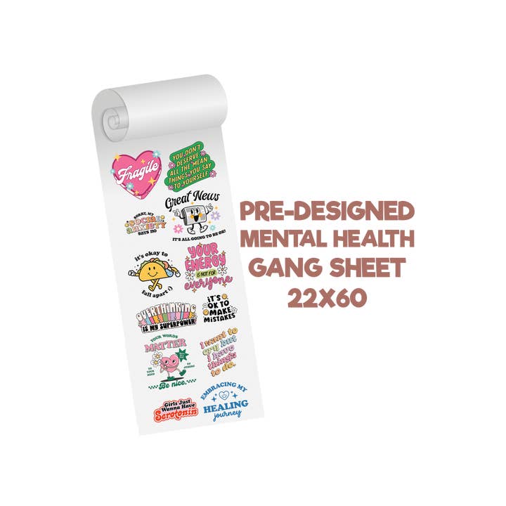Teddy Transfers - Wholesale Sublimation transfer - Mental Health Predesigned Gang Sheet