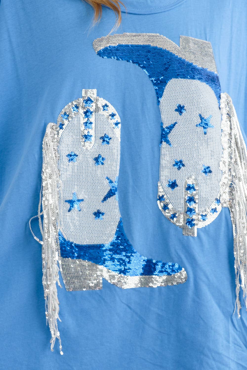 Blue B - Wholesale T-Shirt - Women's - 32487T - Cotton Sequin Western Boot Fringe Loose Side Tee14