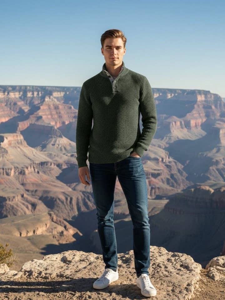 Cashmere Sweater Button Neck Andromeda in Carbon Stitch Hunting Green for wholesale by Hommard