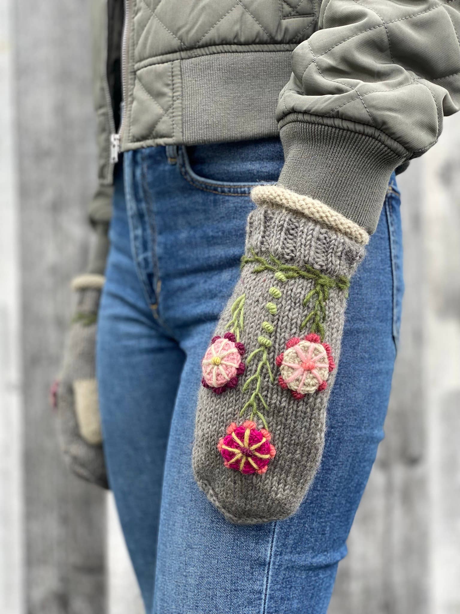 Lost Horizons Knitwear – Ships from USA - Wholesale Mittens - Women's - Maya Mittens – Hand-Knit Wool with 3D Floral Embroidery4