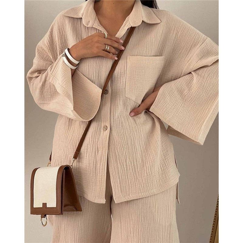 ShieldChic - Wholesale Top & Pant Set (NOT Loungewear) - Women's - Solid Color Long Sleeve Lapel Blouse And Wide Leg Pants Two Pieces Suit1
