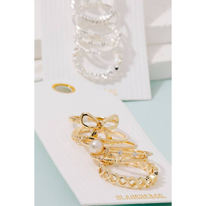 Fame Accessories - Wholesale Band/Stacked Ring - 5Pc Cz Pearl And Ribbon Bow Mixed Band Rings Set2