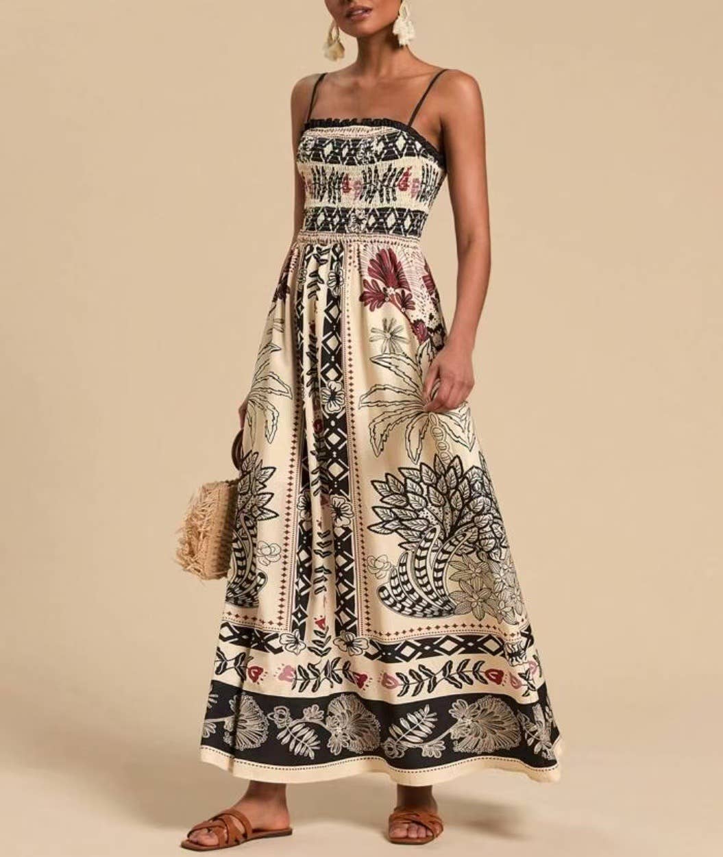 Rosa Clothing - Wholesale Dress - Women's - Boho Color Block Tropical Smocked Slip Dress2