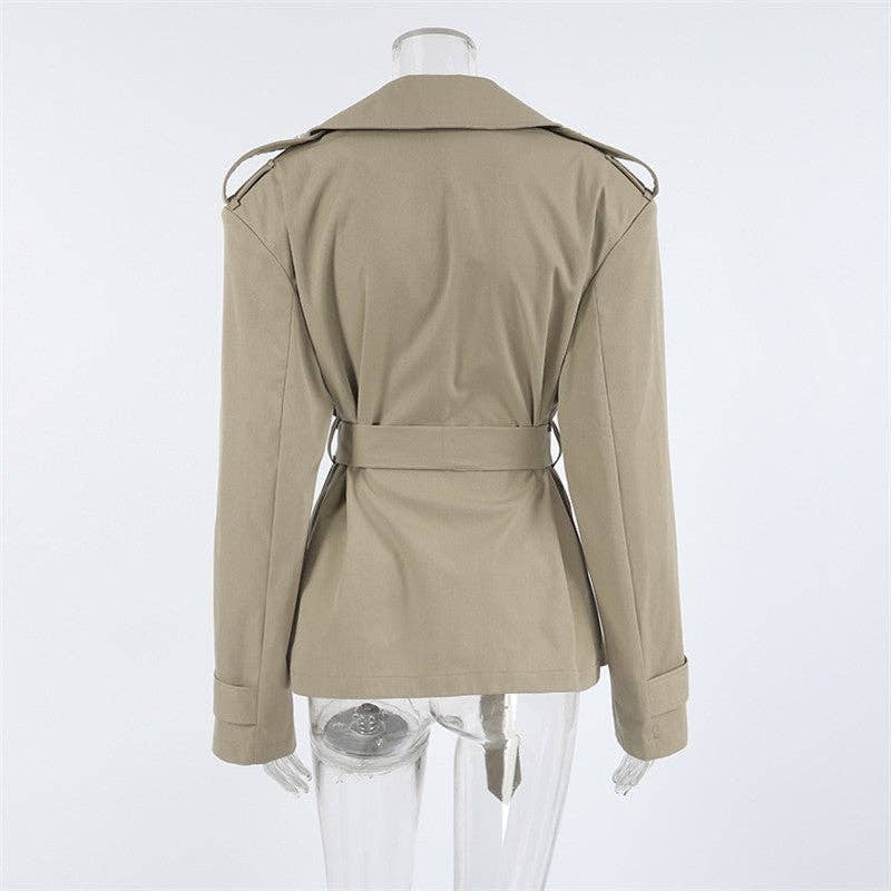 KHAKI Mid-Length Sleeve Lapel Tie-Waist Trench Coat for wholesale on Faire8