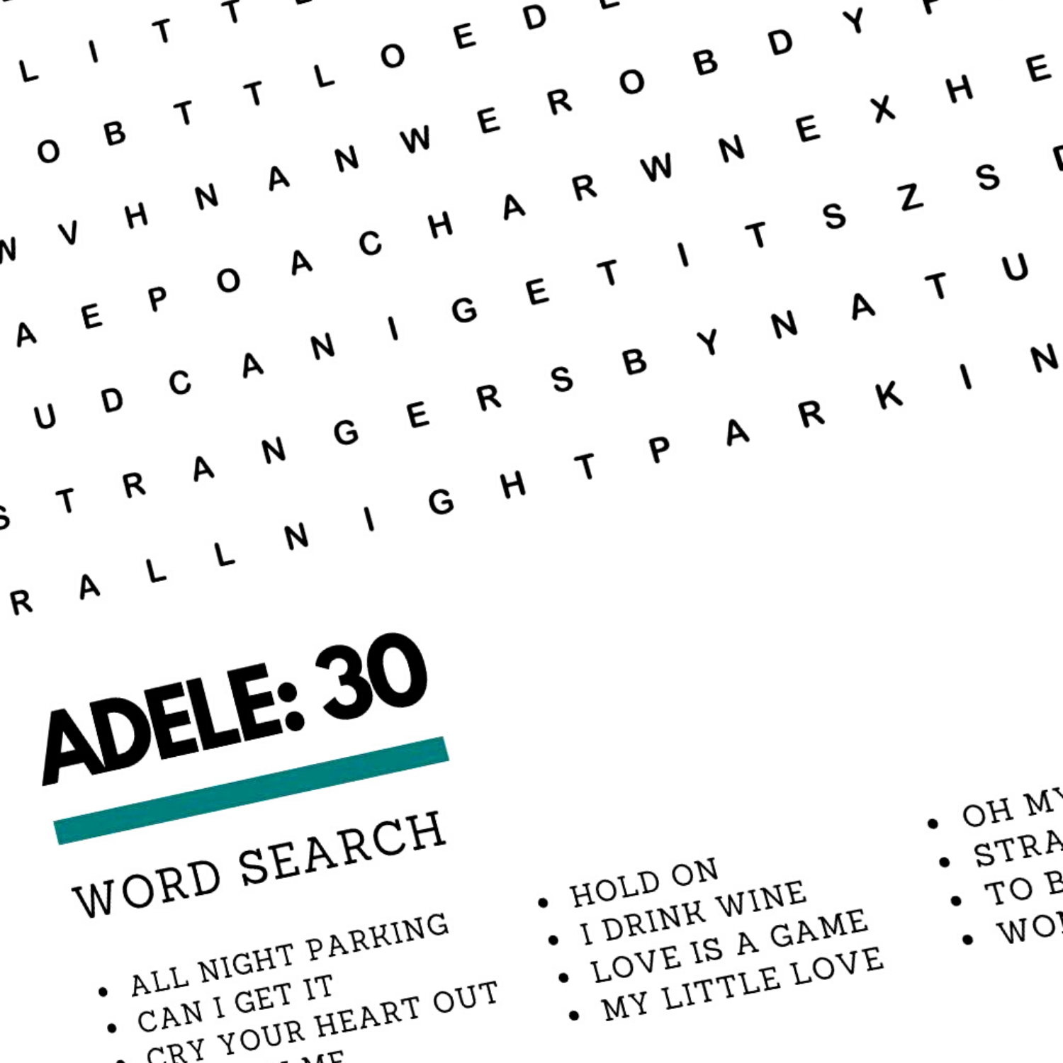 Underdog Studio – wholesale Art print – Adele 30 Album Tracklist Wordsearch Art Print1
