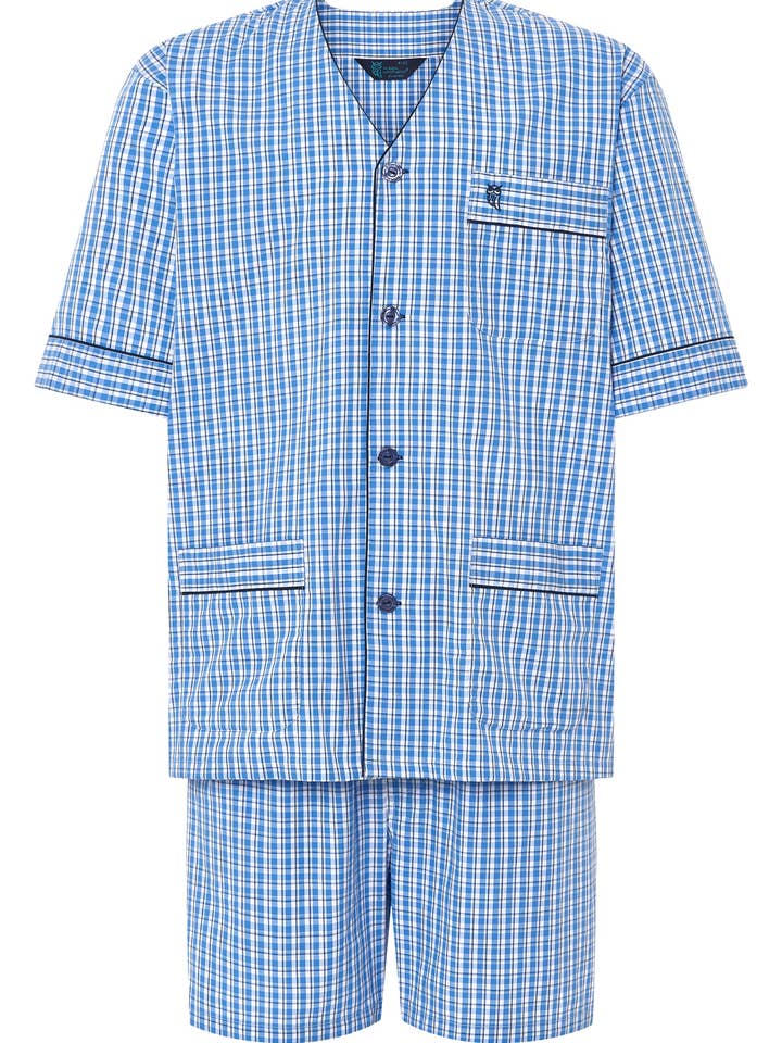 Herrpyjamas sommar kort Judo-poplin rutig - blå 4548_36 för wholesale av El Búho Nocturno