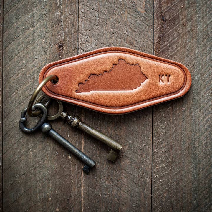 Kentucky State Silhouette Leather Keychain Motel Style for wholesale by Sugarhouse Leather