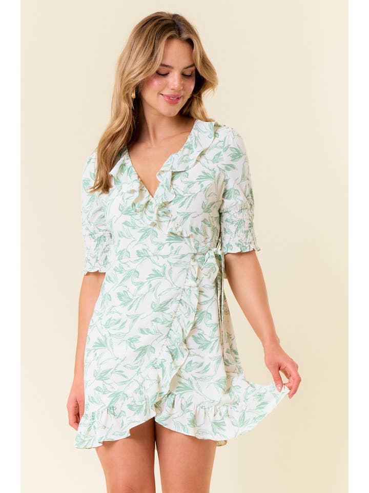 Doe and Rae - Wholesale Dress - Women's - Floral Smocked Cuff Puff Short Sleeve Wrap Mini Dress-27609D