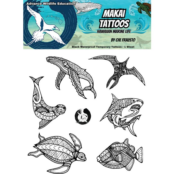 Advance Wildlife Education LLC - Wholesale Temporary Tattoo - Makai Hawaiian Wildlife Tattoo Sheet (Black)