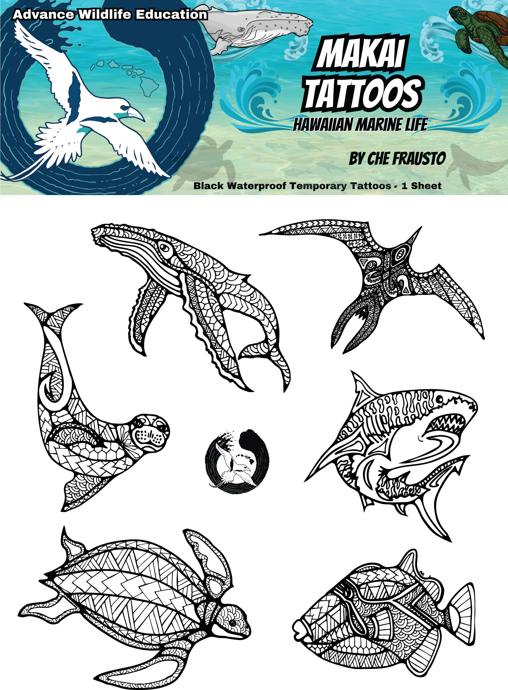 Advance Wildlife Education LLC – wholesale Temporary tattoo – Makai Hawaiian Wildlife Tattoo Sheet (Black)