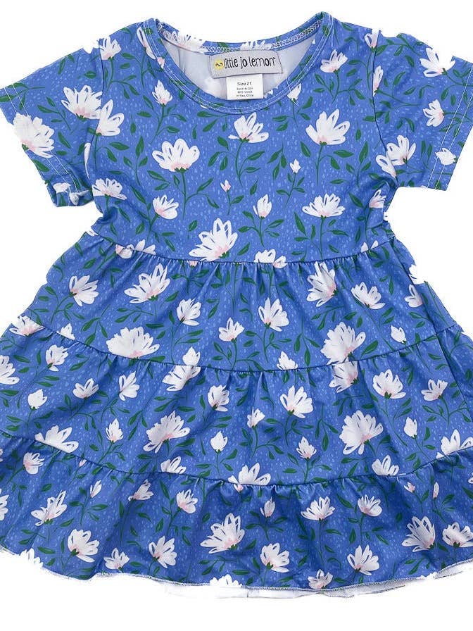 Blue Floral Tiered Twirly Dress for wholesale by Little Jo Lemon
