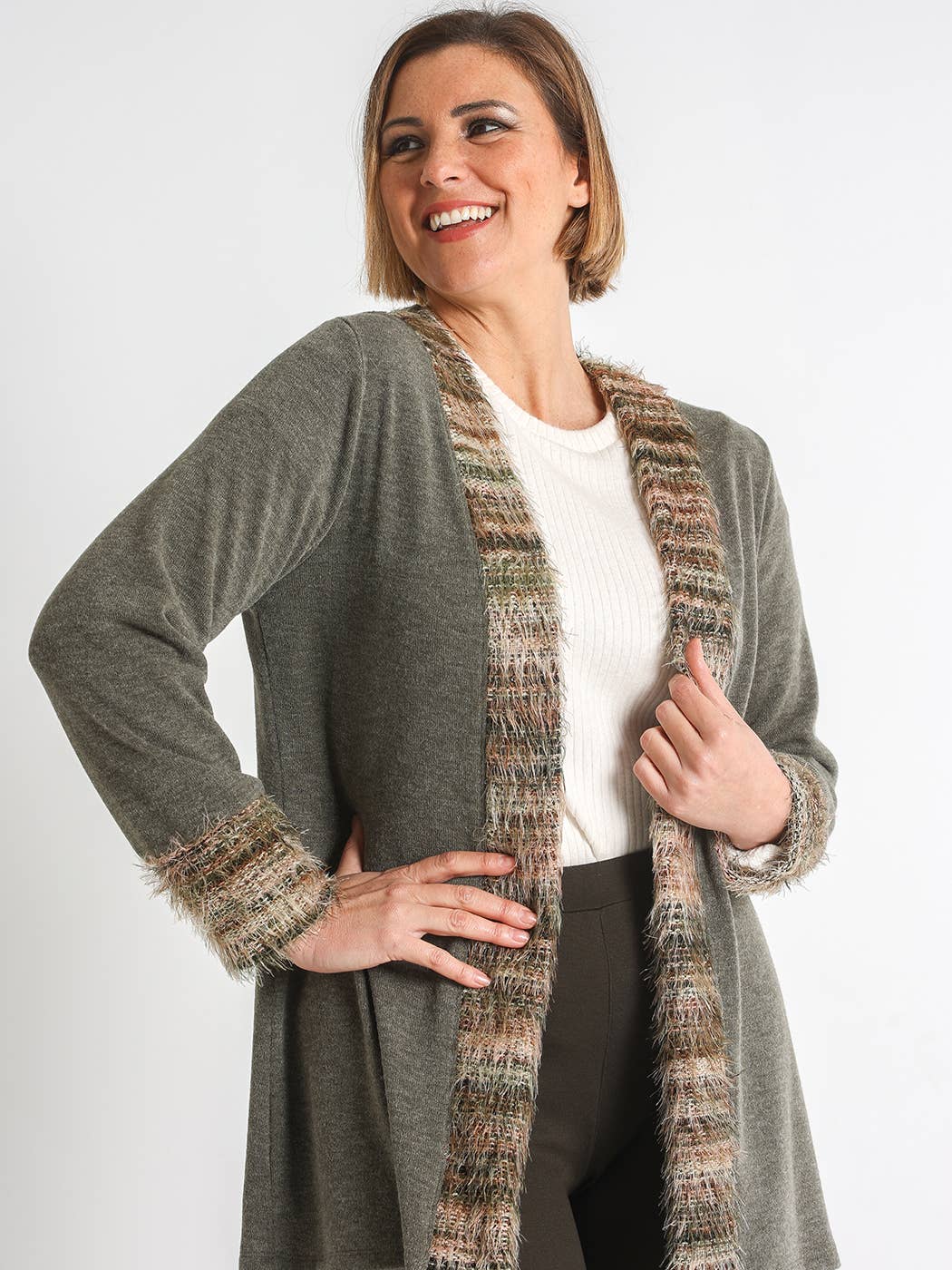 KHAKI 372180L KNIT COAT WITH FRONT JACQUARD FUR PIECES for wholesale on Faire1