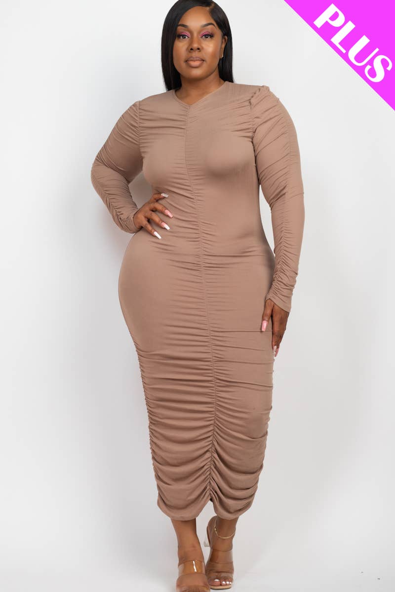 CAPELLA APPAREL - Wholesale Dress - Women's - Plus Size Ruched Long Sleeve Midi Dress11