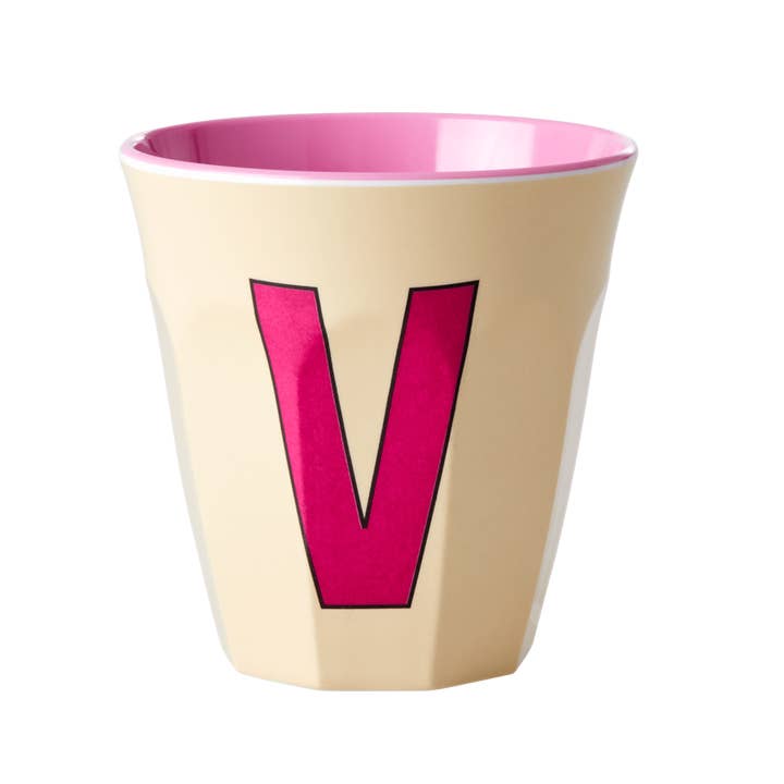 Two Melamine Cups - Medium with Alphabet in Pinkish Colors | Letter V for wholesale by RicebyRice