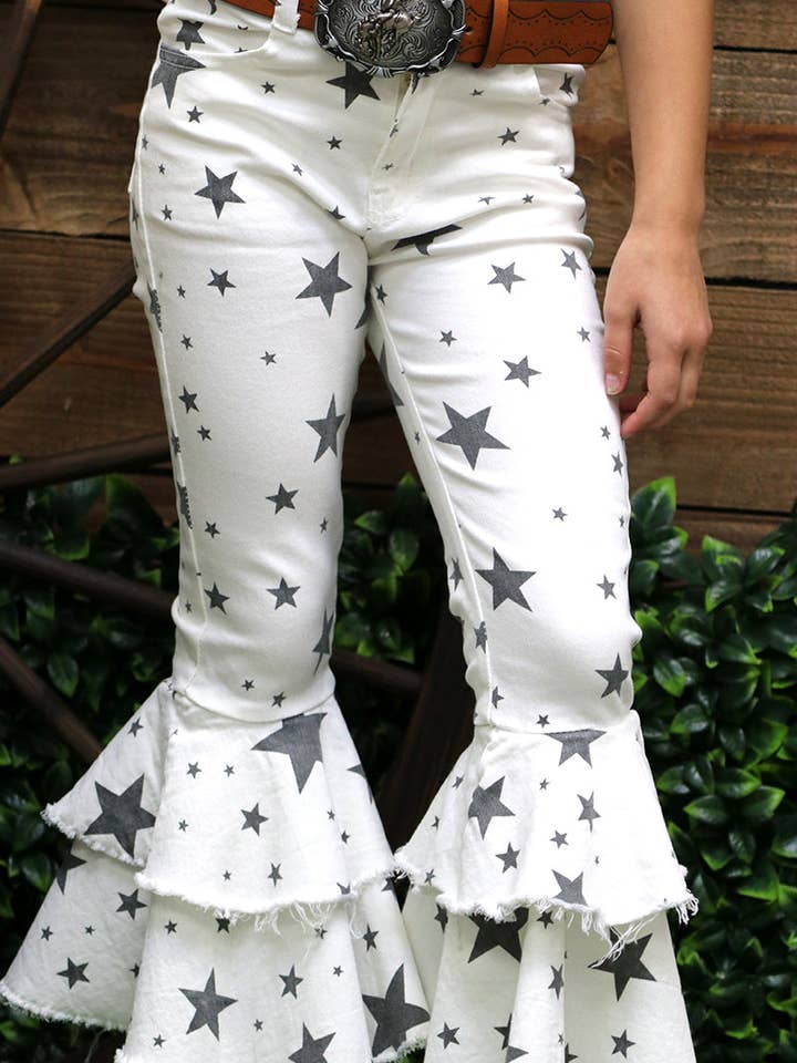 Lt. gray star printed double layer bell bottoms. 2024-P JEAN for wholesale by Kids Charm Online