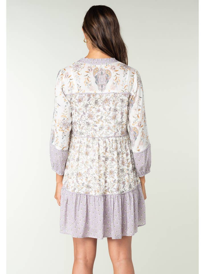 Natural Dusty Lilac Floral Long Sleeve Peasant Mini Shift Dress for wholesale on Faire
