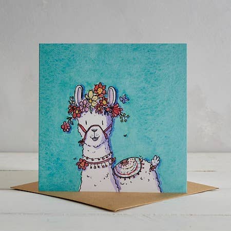 Flower Power Llama Greetings Card 'Loretta' - Blue for wholesale by Helen Wiseman Illustration
