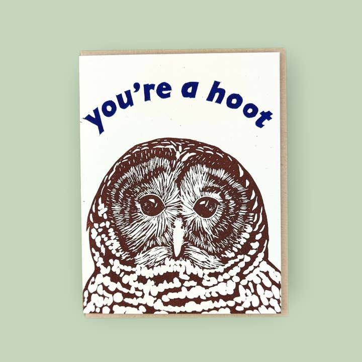 Handprinted linocut you're a hoot owl folded card for wholesale by Winter Pickle Press