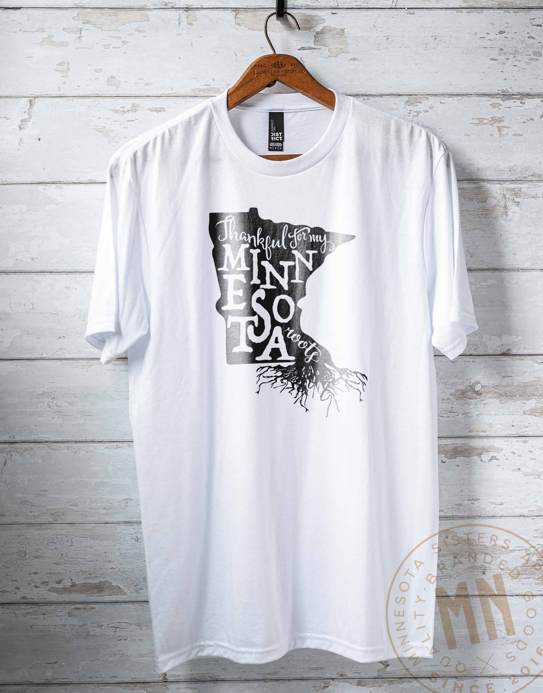 Minnesota Sisters - Wholesale Screen Printed T-Shirt - Unisex - Thankful for My Minnesota Roots T-Shirt with State Graphic2