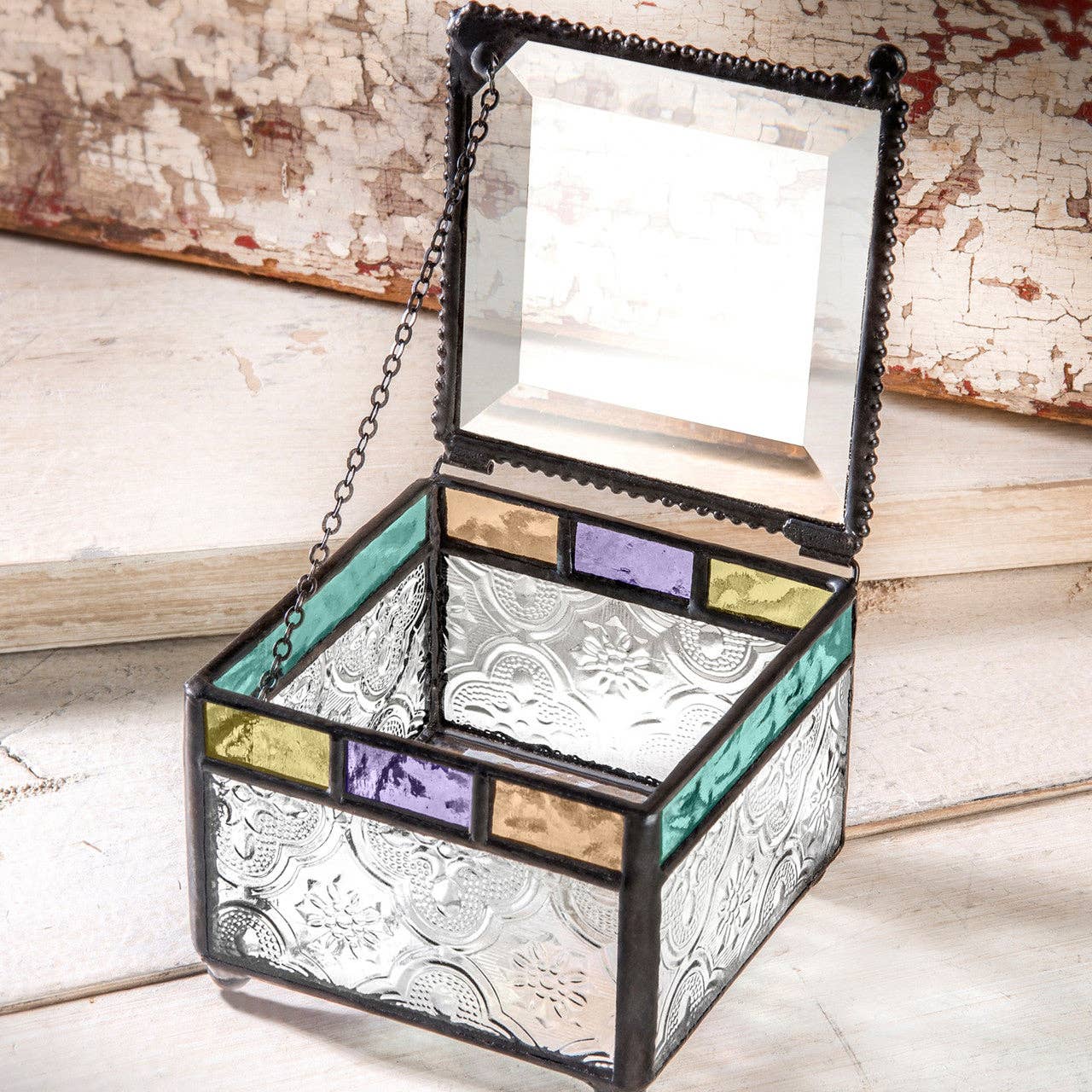 J Devlin Glass Art & Bert Anderson Collection - Wholesale Decorative Box - Box 905 Clear Vintage with Multi Colored Trim Glass Box3