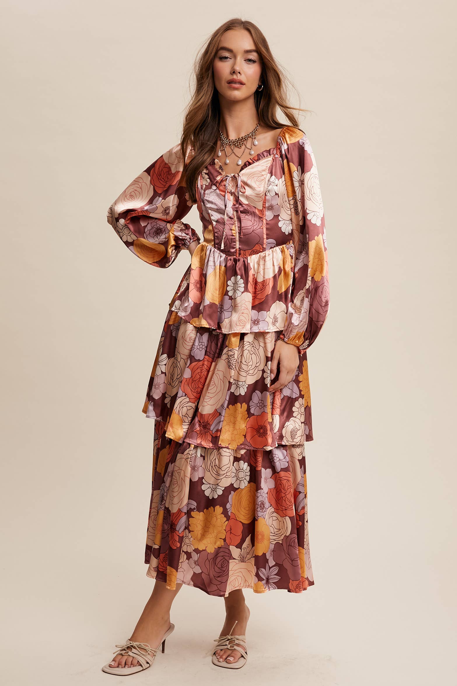 Listicle - Wholesale Dress - Women's - Floral Lace-Up Tiered Maxi Dress LD144812