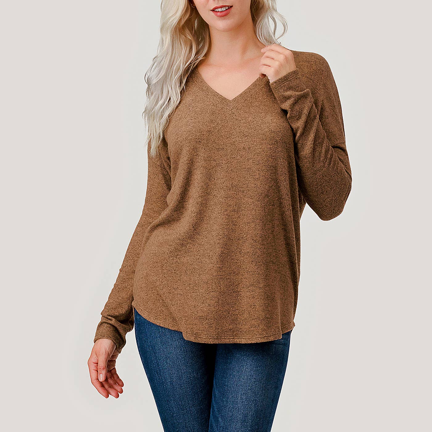 Heimious - Wholesale Knit Top - Women's - Long Sleeve V-neck Brushed Knit Top, 273885