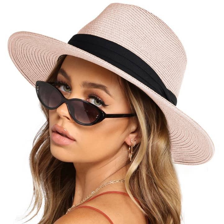 AK Brand - Wholesale Straw hat – women's - Wide Brim Straw Fedora Sun Hat Black Band Panama UV Hat24