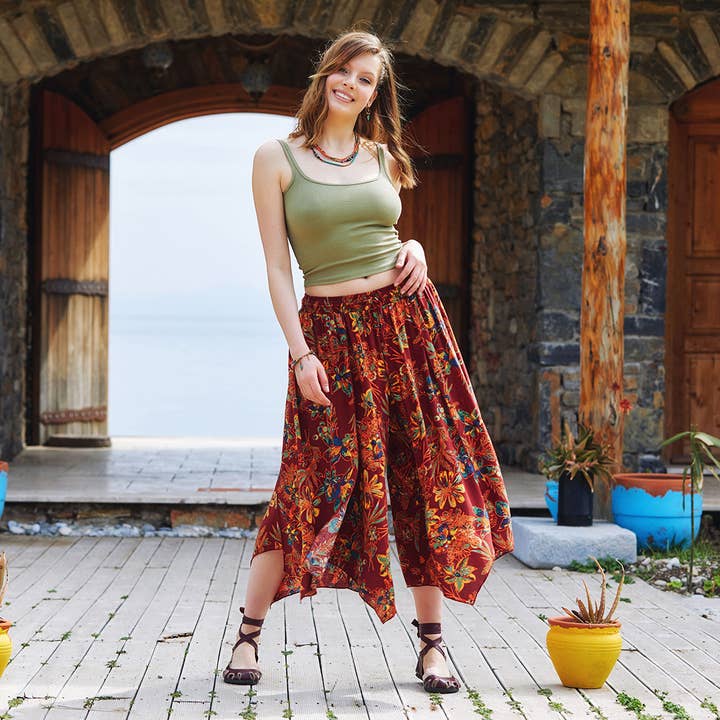 Floral Patterned Bohemian Split Front Palazzo Pants for wholesale by Los Banditos