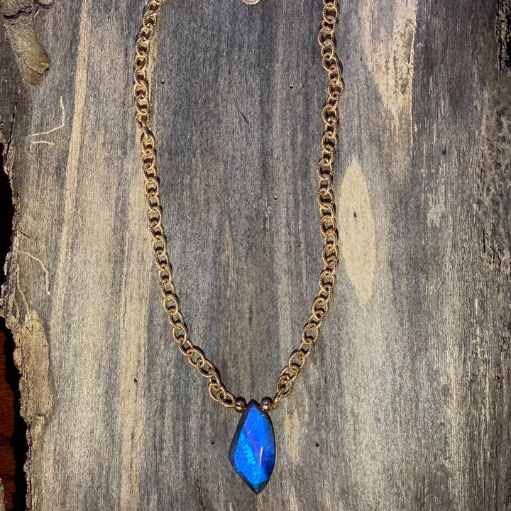 14K GF Twisted Link and Blue Labradorite Slice Necklace for wholesale by Beshea Beshea