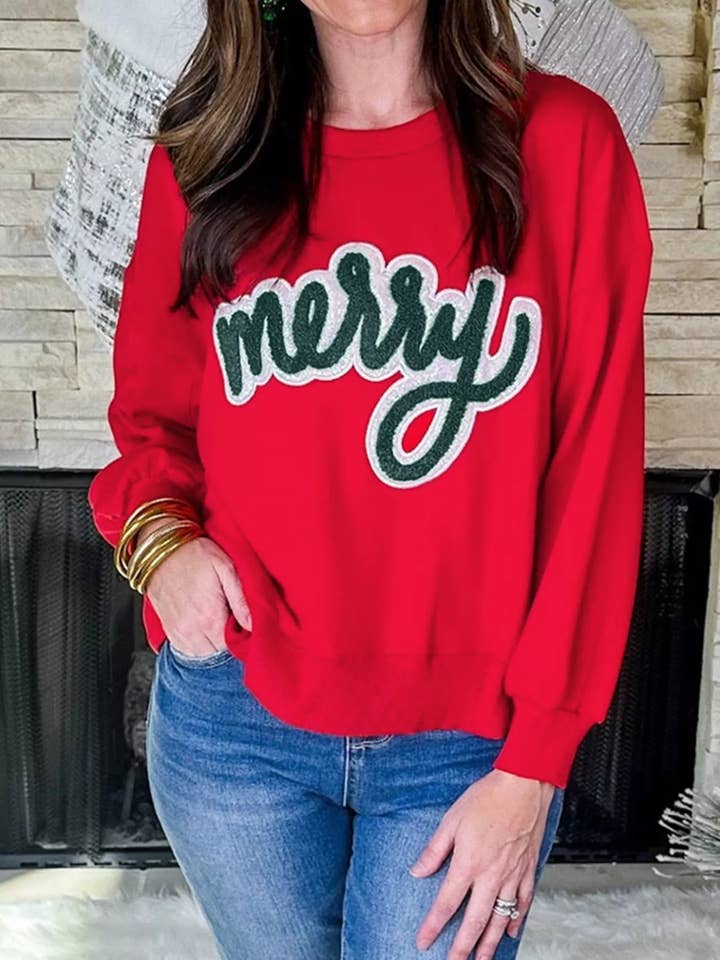 Merry Script Holiday Christmas Graphic Sweatshirt for wholesale by Beyond Apparel