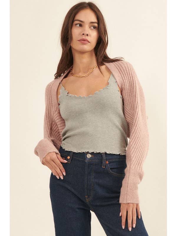 Cardigan coprispalle in maglia a costine aperto sul davanti per la vendita all'ingrosso da parte di MintChoco