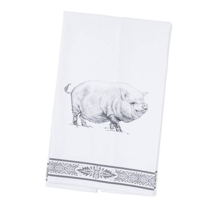 BLACK & WHITE EMILY TEA TOWEL ON HANGER for wholesale by Blue Stallion Farm